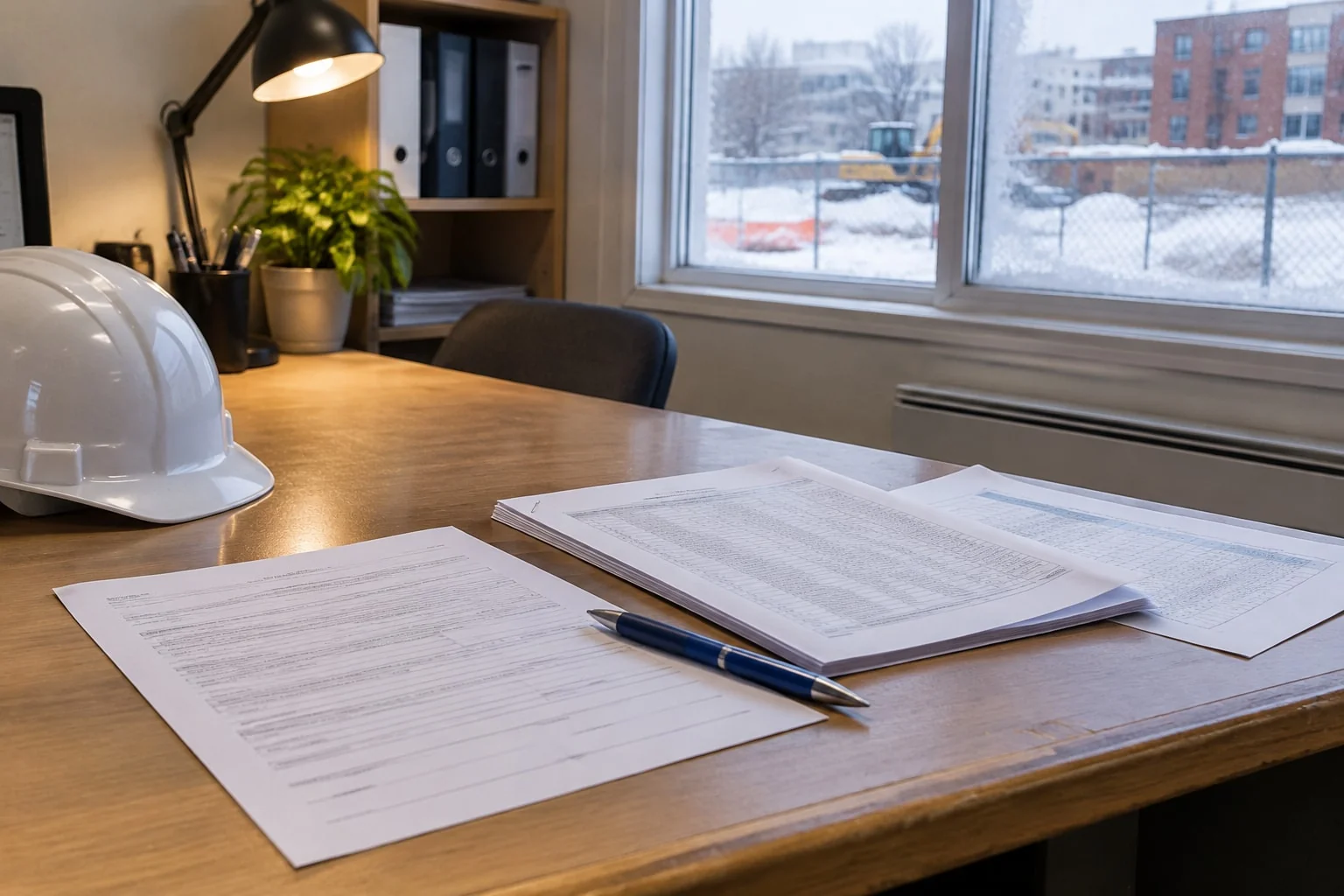 A completed contractor's declaration beside a stapled schedule of amounts owing and a cost breakdown printout on a site-office desk in winter light