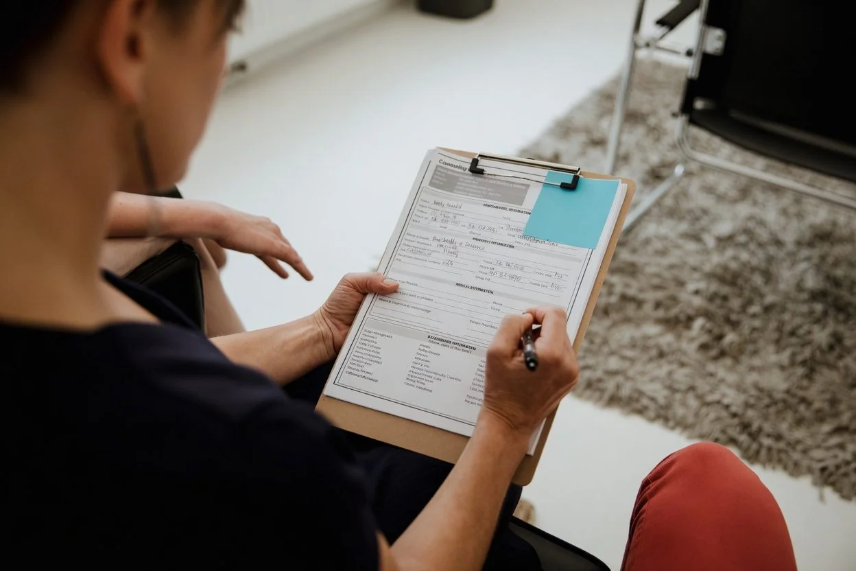 A person signing a sworn declaration document, representing a delayed birth registration in Ontario