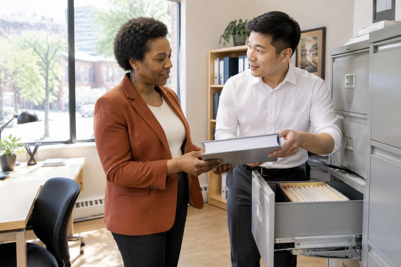 A company director takes a binder of records from a colleague beside a row of filing cabinets in a small office