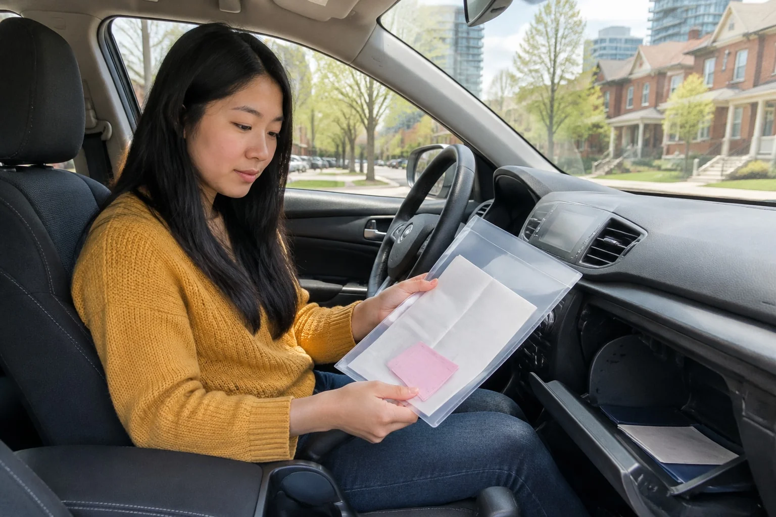 A young woman in a parked car opens a folder from the glovebox holding the car's ownership and insurance card