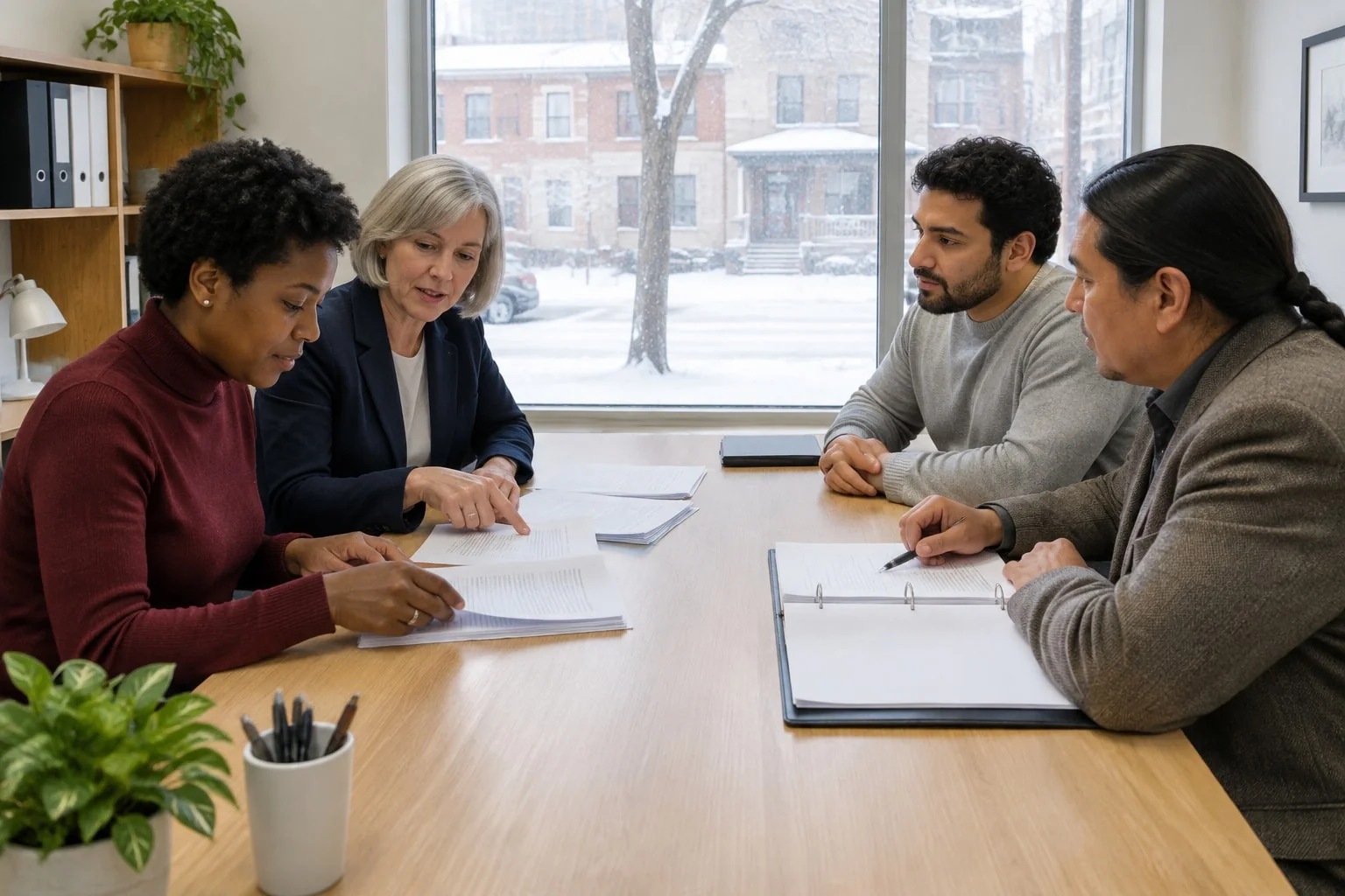 An engaged couple sit with their separate lawyers to review the final draft of their marriage contract