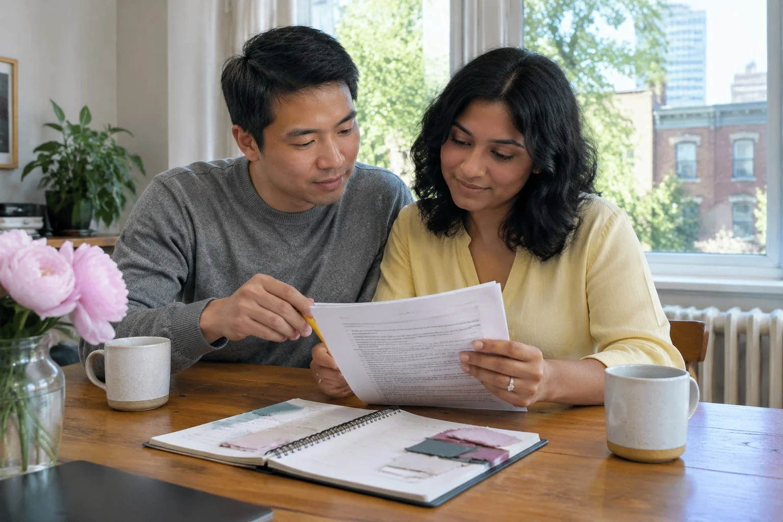 An engaged couple reads a printed draft of their marriage contract together at the kitchen table