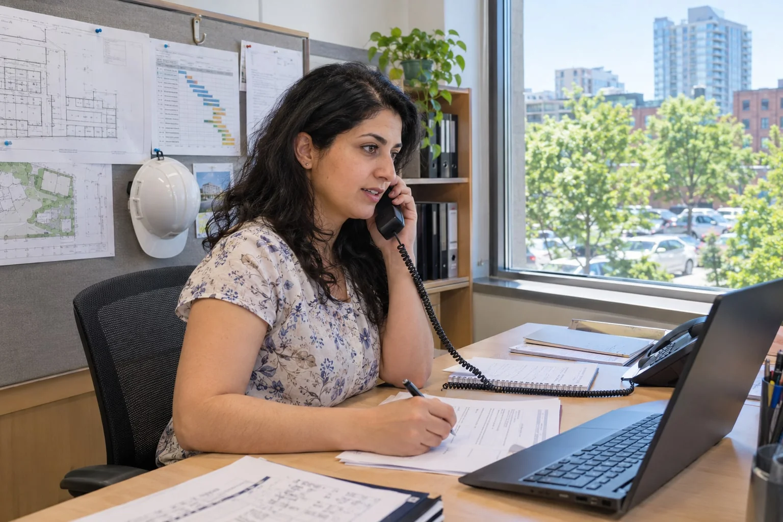 Engineer calling the licensing regulator from her office desk and taking notes on a letter about her application