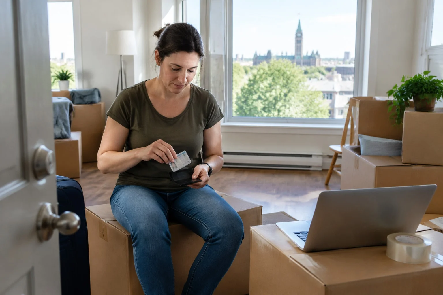 Engineer newly moved from Alberta readying her licence card and ID for certified copies in her Ottawa apartment