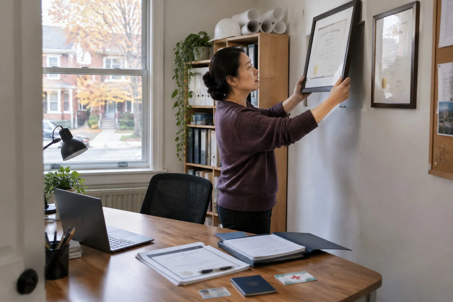 Engineer takes her framed professional licence off the wall to gather credentials for notarization abroad