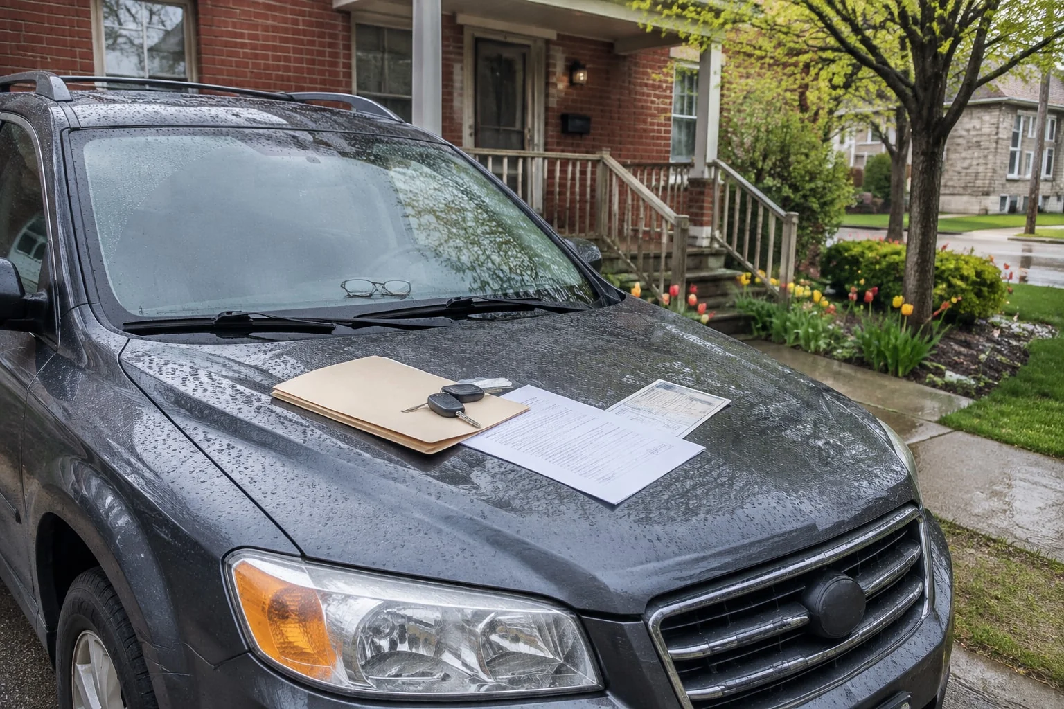 An estate's compact SUV in a rain-wet driveway, ownership papers and the sworn transfer statement on its hood