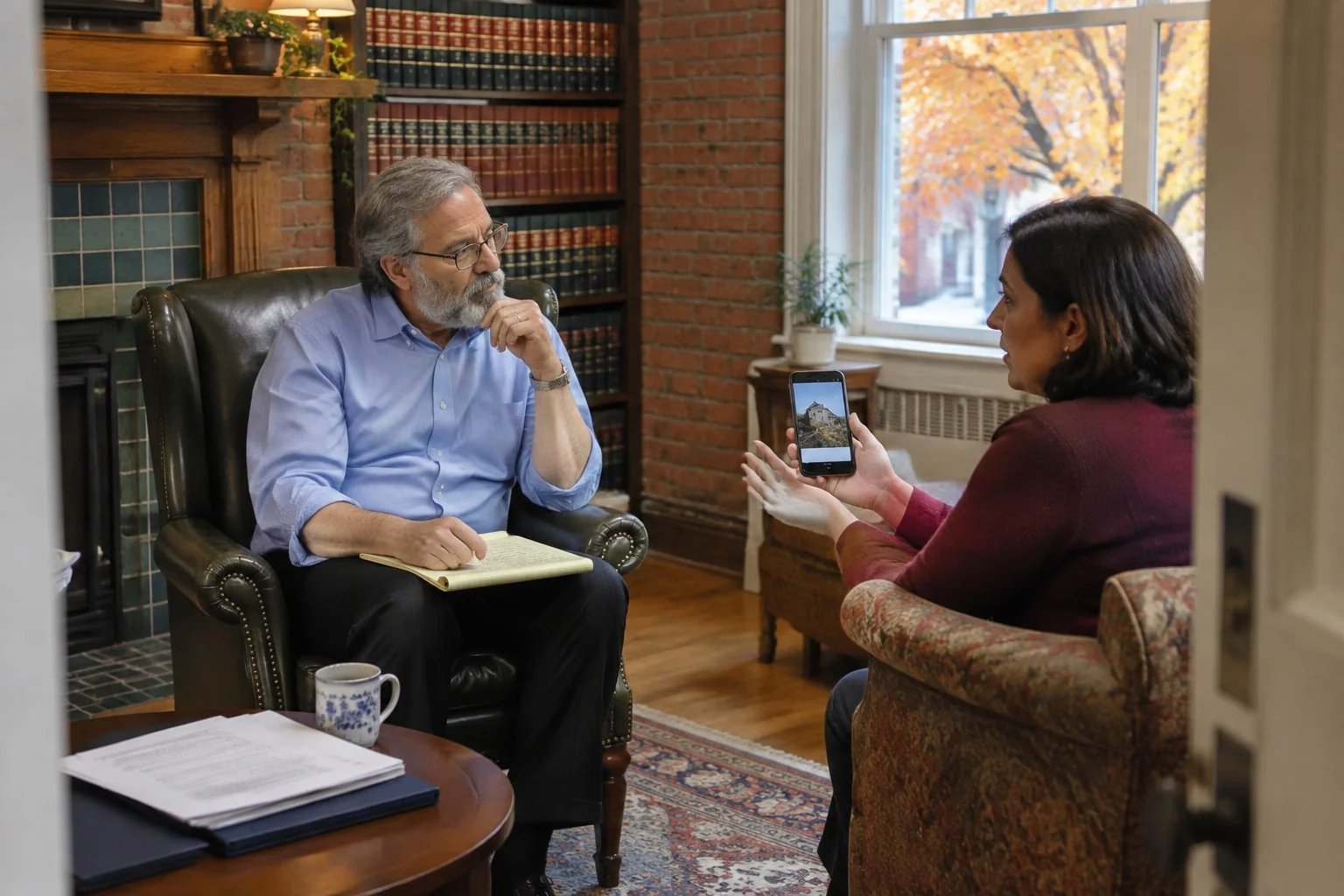 Executor shows an estates lawyer a photo of a property abroad, the legal step that comes before notarization and apostille