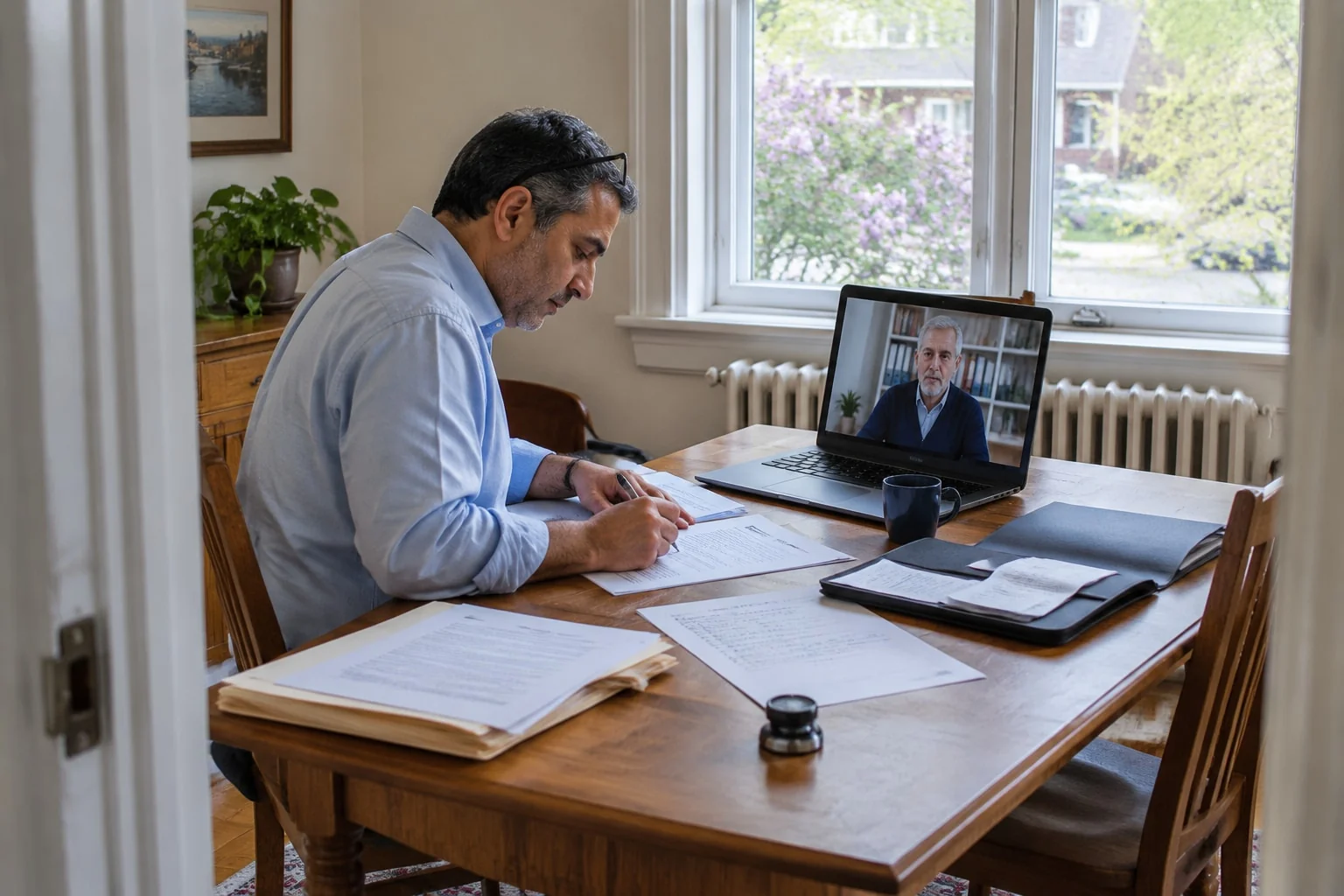 Executor signing an estate administration affidavit on a video call with a notary, estate papers on the table
