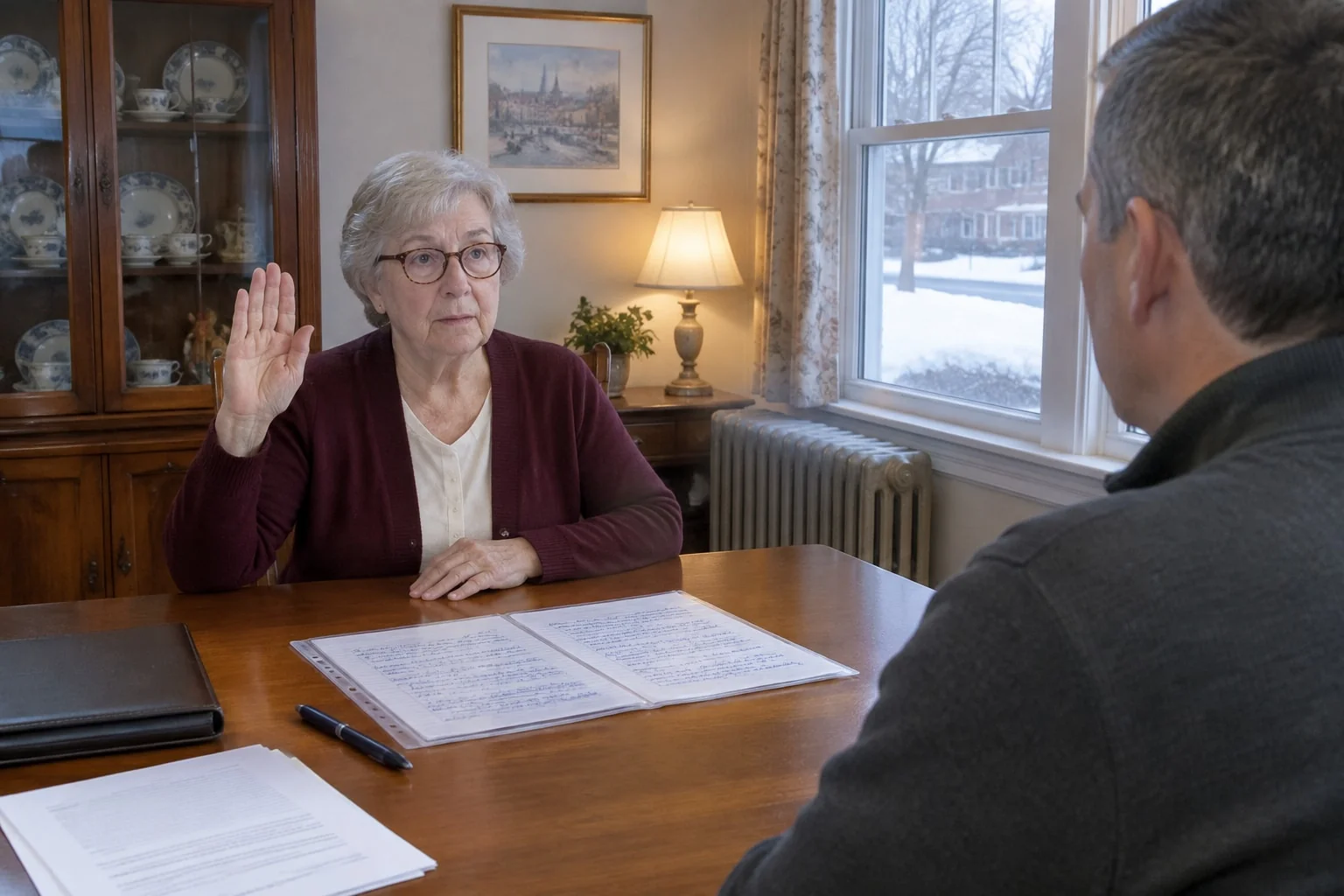 An older woman at her dining table on a winter afternoon raises her right hand to affirm before a visiting notary seen from behind, a clear sleeve with handwritten pages on the table