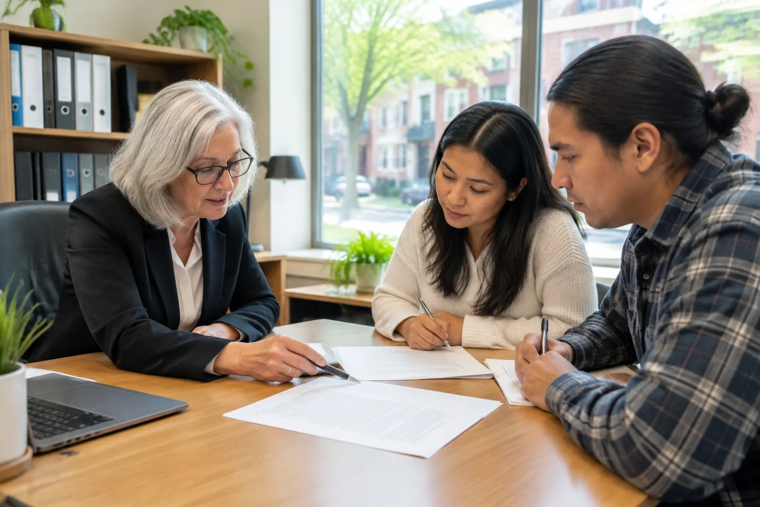 Family lawyer points to a clause in a draft cohabitation agreement as a couple reads along