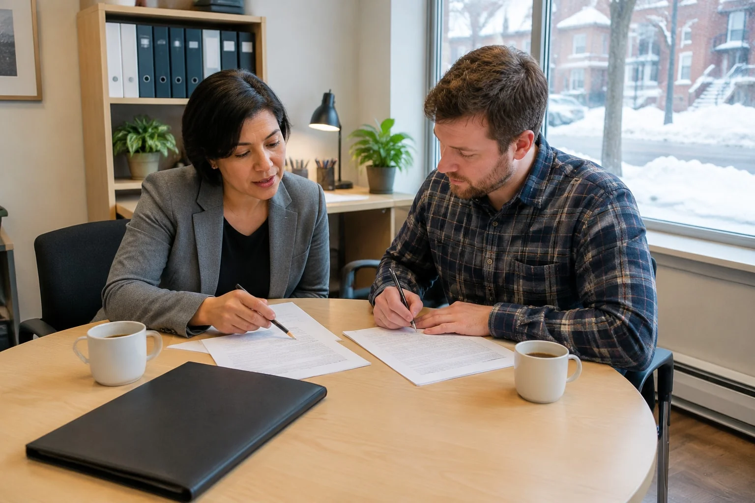 Family lawyer points to a paragraph in a draft affidavit as her client makes a note before swearing it