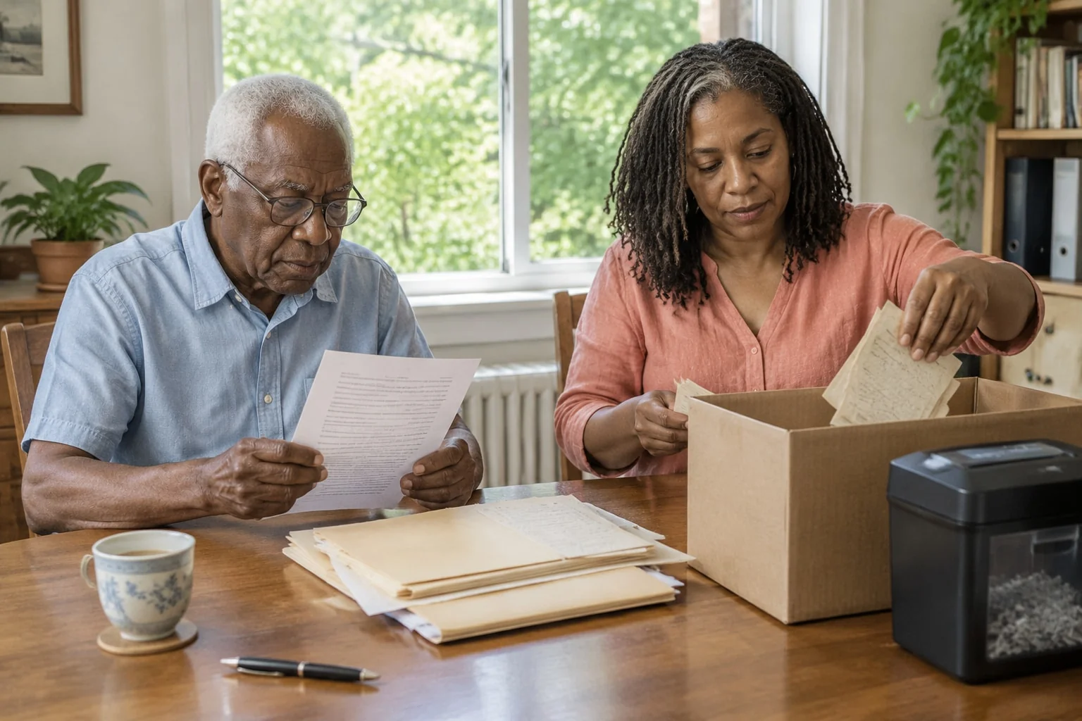 A father and his adult daughter sort old papers into a box beside a shredder at the kitchen table