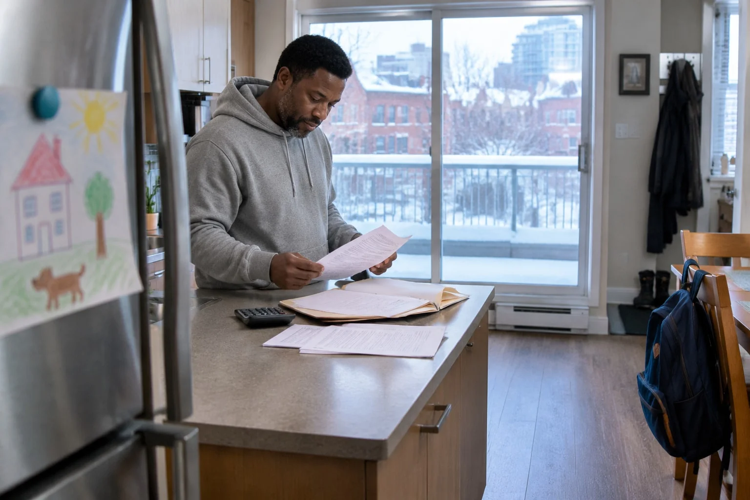A father reads his tax return printouts beside a calculator at the kitchen counter, a child's crayon drawing on the fridge in the foreground