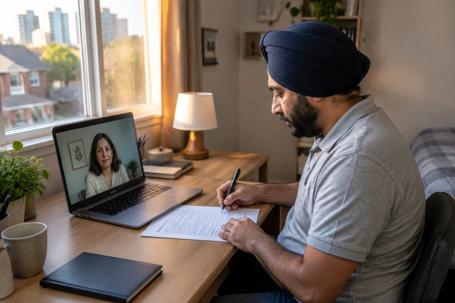 A father initials a page of his affidavit at his desk while a notary watches on a laptop video call