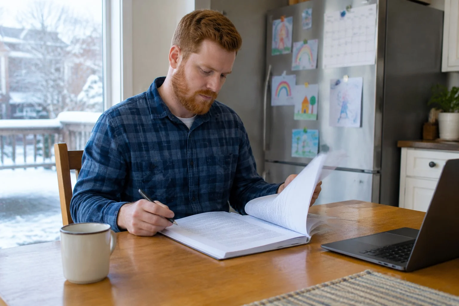 A father at his dining table reads through a long printed form, a child's drawings and a weekly calendar on the fridge behind him