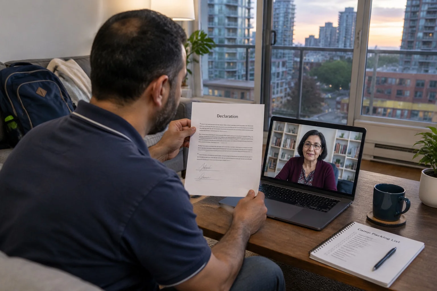 Father holding up his signed consent declaration to a notary on a video call from his condo living room