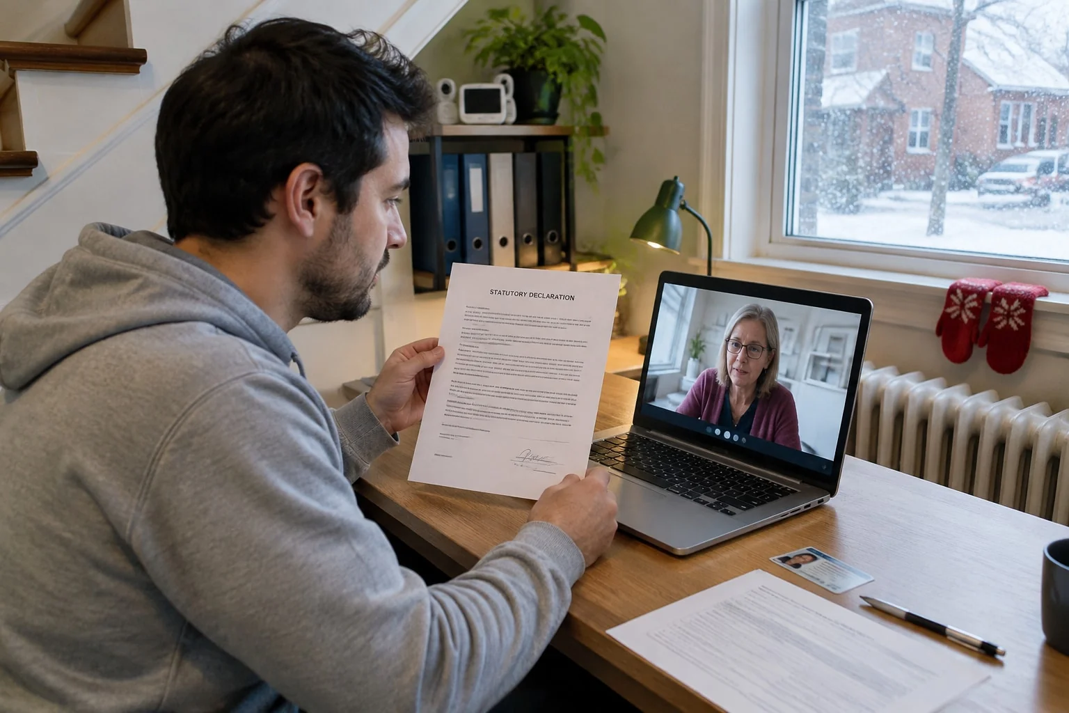 Father holds his signed statutory declaration up to the webcam for an online notary to amend a birth registration
