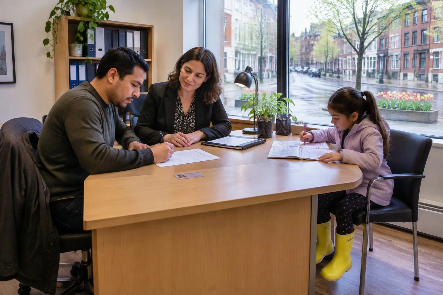 A father signs consent to his child's name change before a notary while his daughter colours beside him