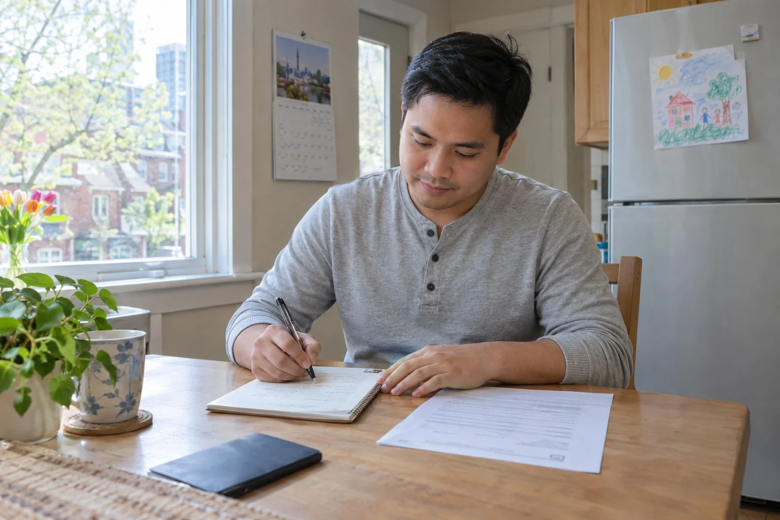A man at a kitchen table writes a parenting time schedule on a notepad beside a printed form and a wall calendar