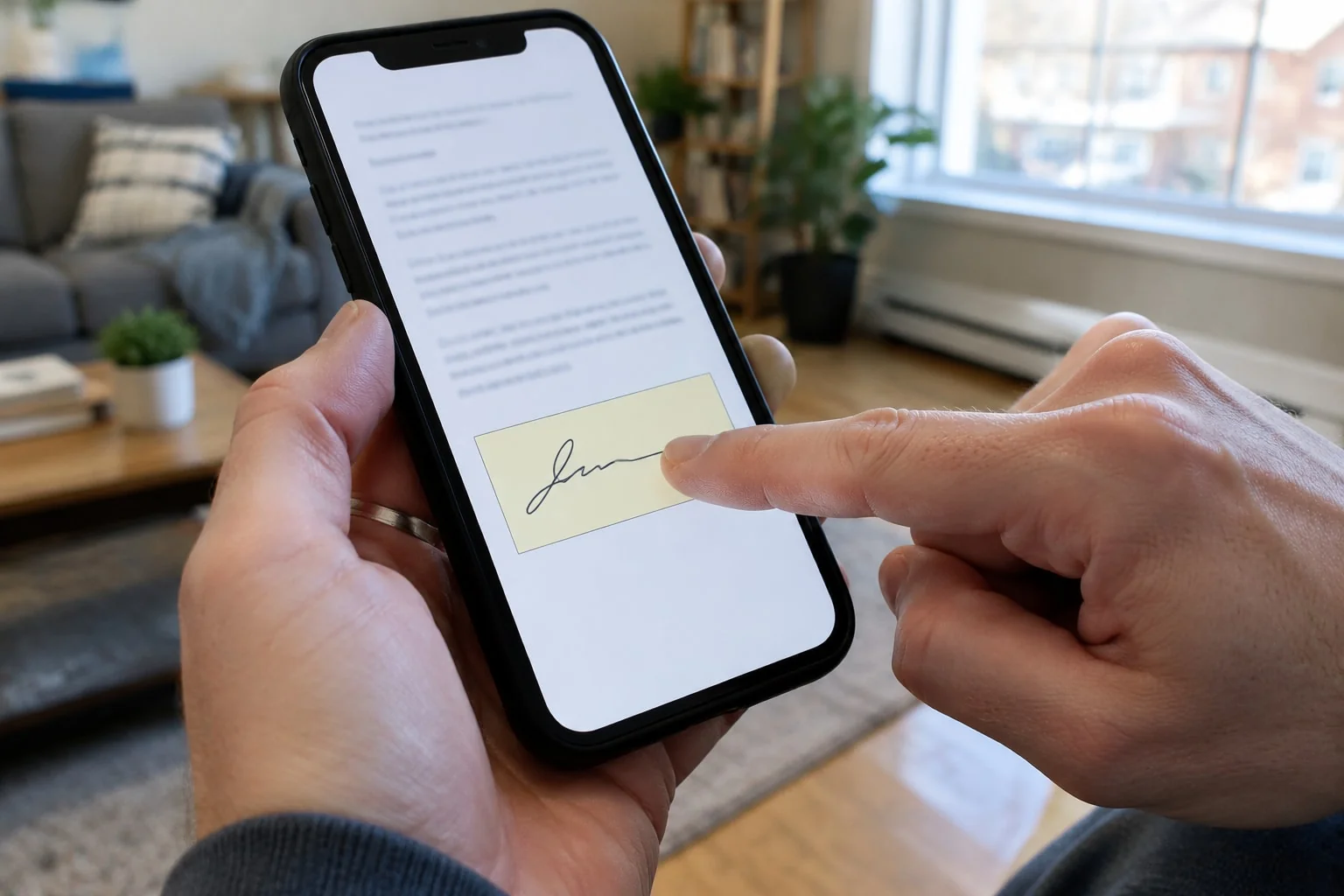 A close-up of a finger drawing a signature on a phone screen inside a highlighted signature field