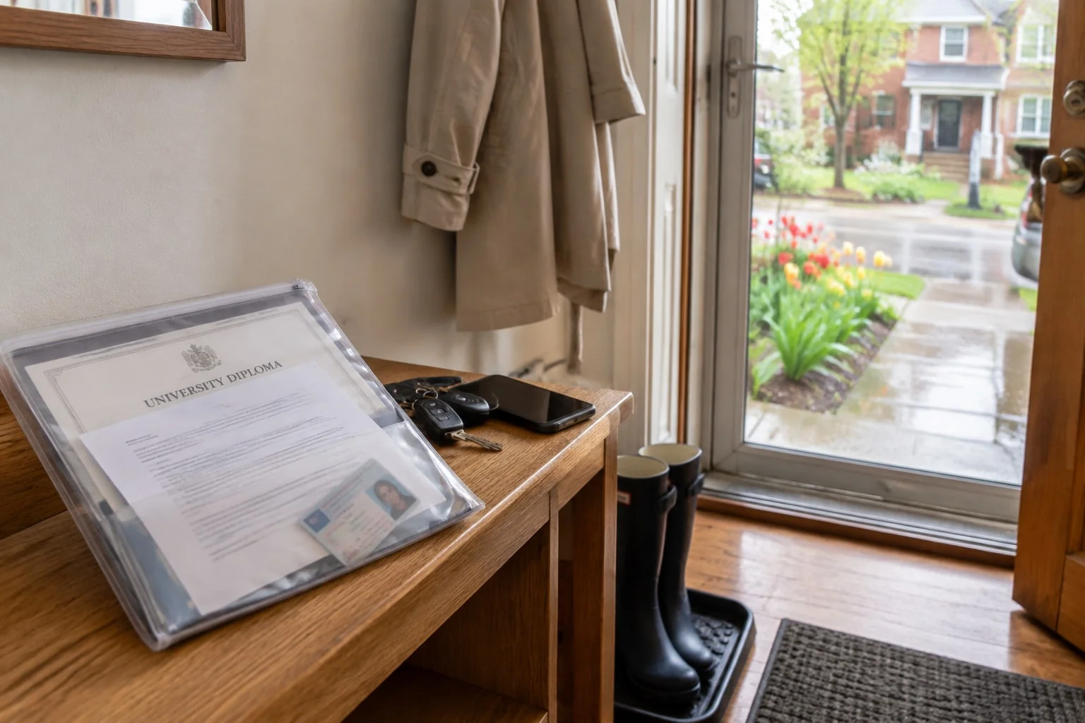 Folder with an unsigned document, original diploma and driver's licence waiting on a front hall bench before an appointment