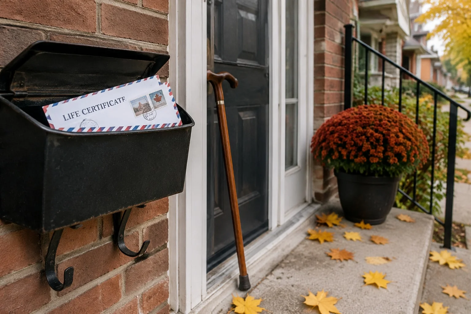 Airmail envelope with a pension life certificate from abroad in the mailbox of a brick bungalow, a cane by the door