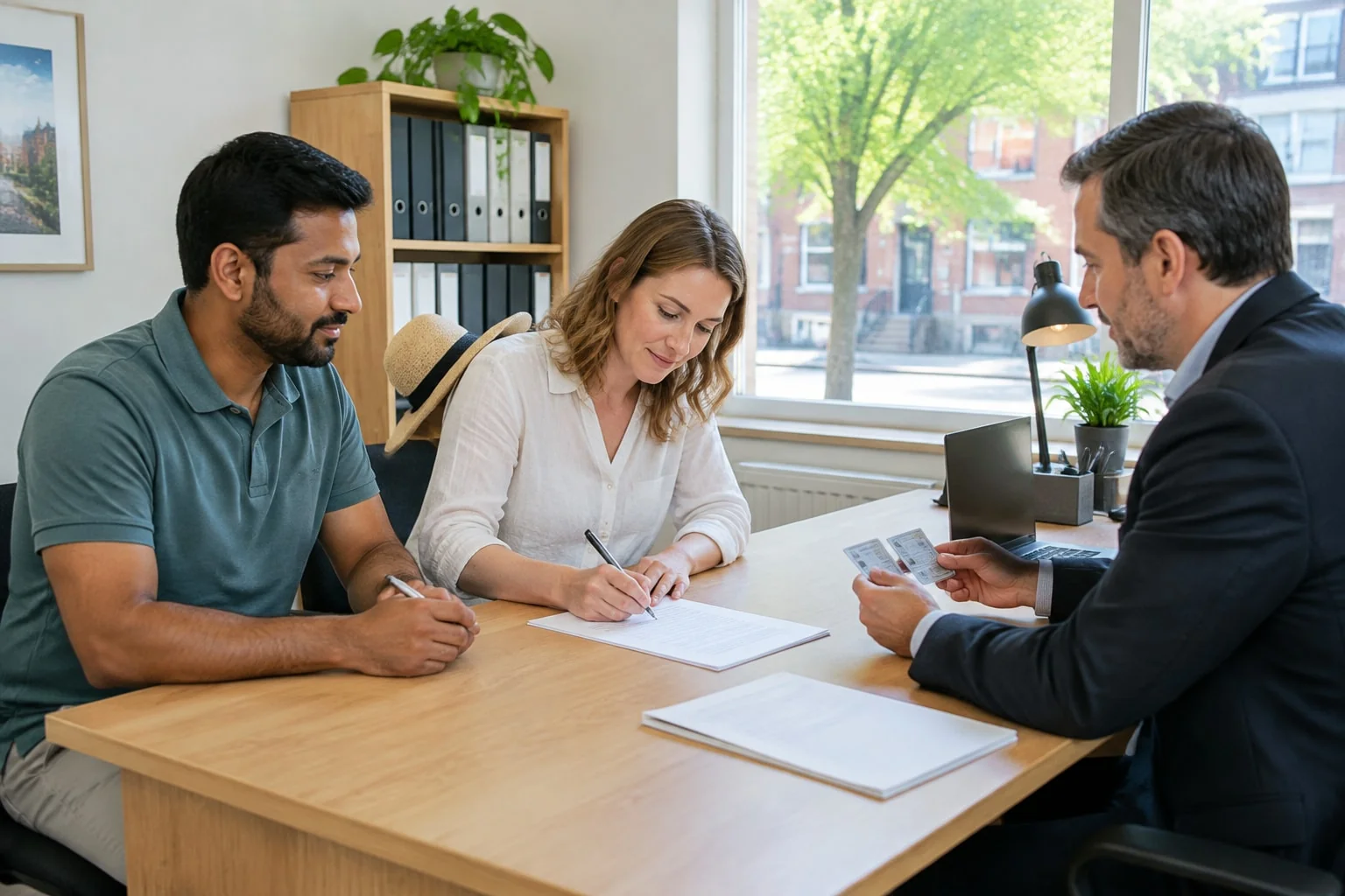 Two friends signing a private loan agreement while a notary checks their ID and witnesses the signatures