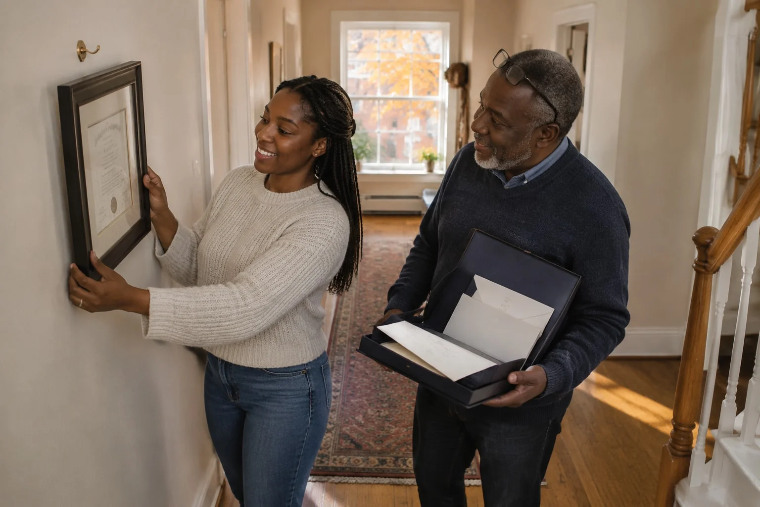 Graduate lifts her framed degree off the wall as her father hands over her college diploma and sealed transcript