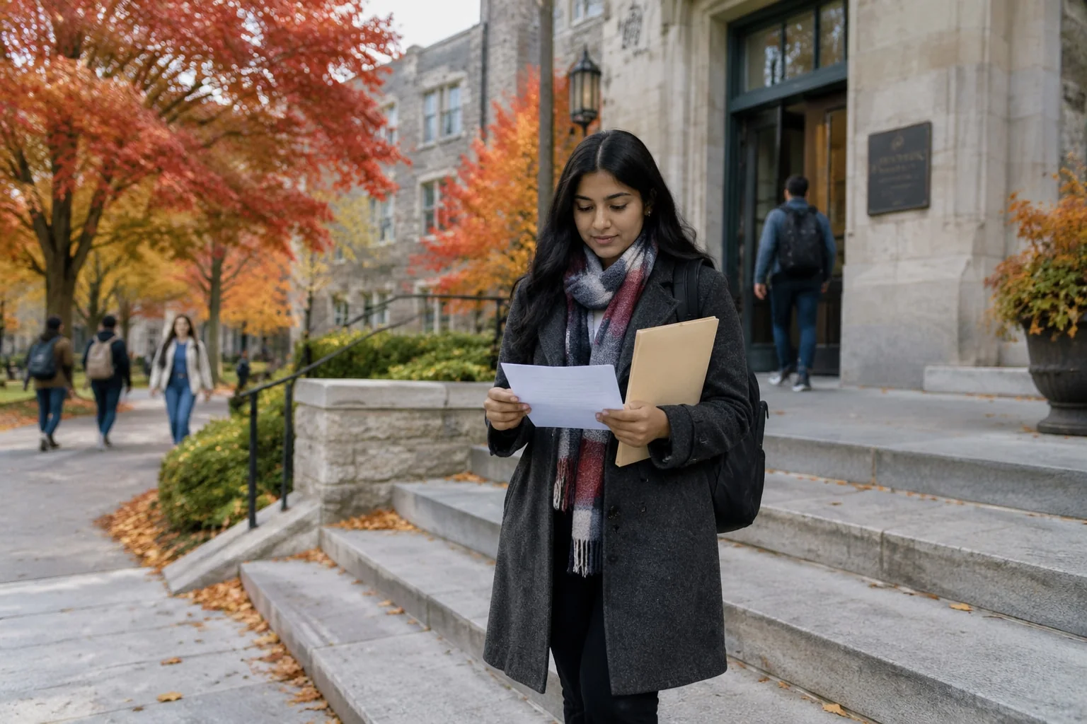 International graduate leaving the registrar's office with her completion letter for a post-graduation work permit