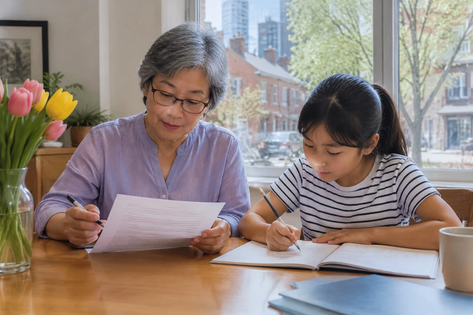A woman sits with her granddaughter at the kitchen table, reading a printed form while the girl does her homework