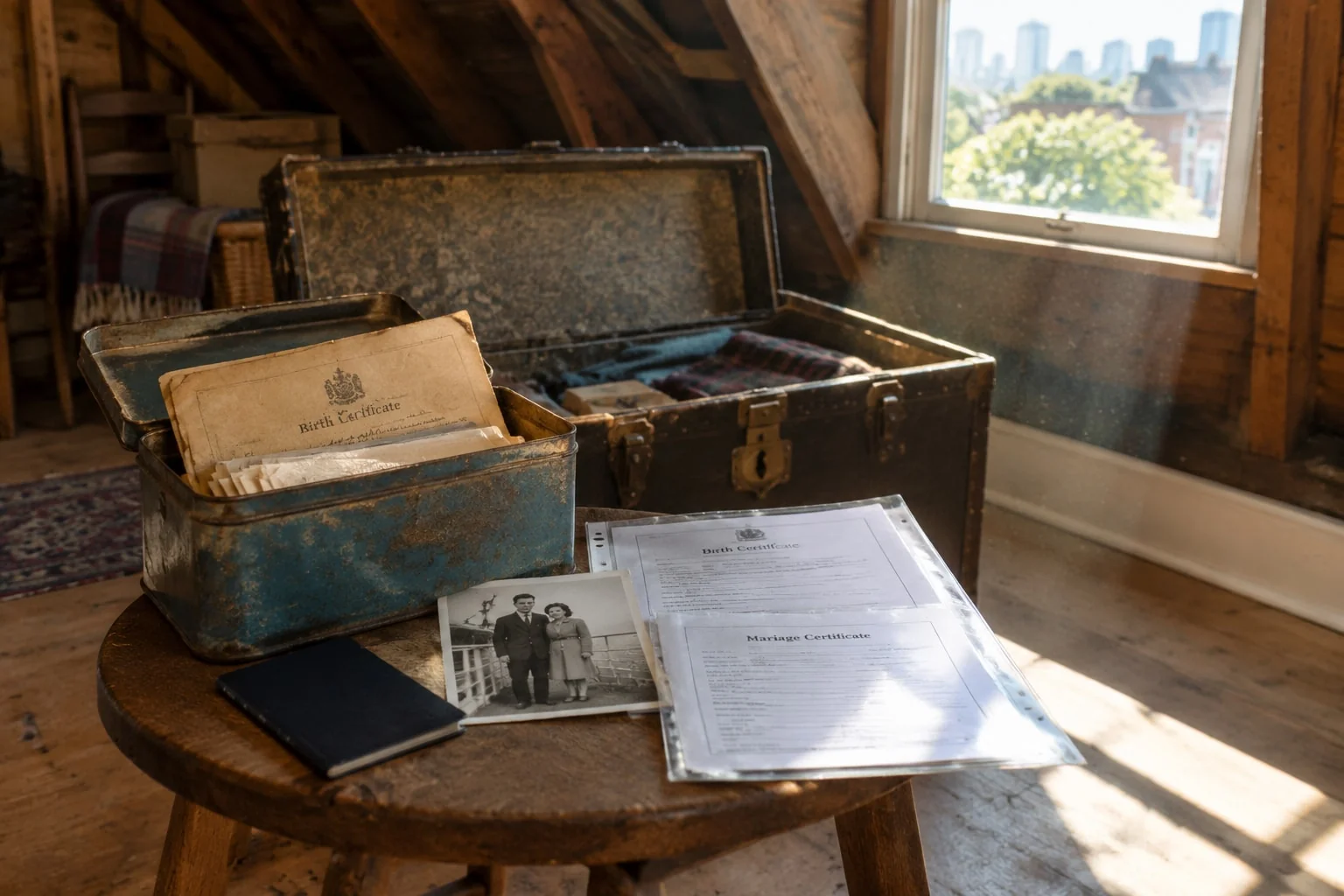 A grandmother's old birth certificate, passport and photo from an attic trunk, gathered for a citizenship-by-descent claim