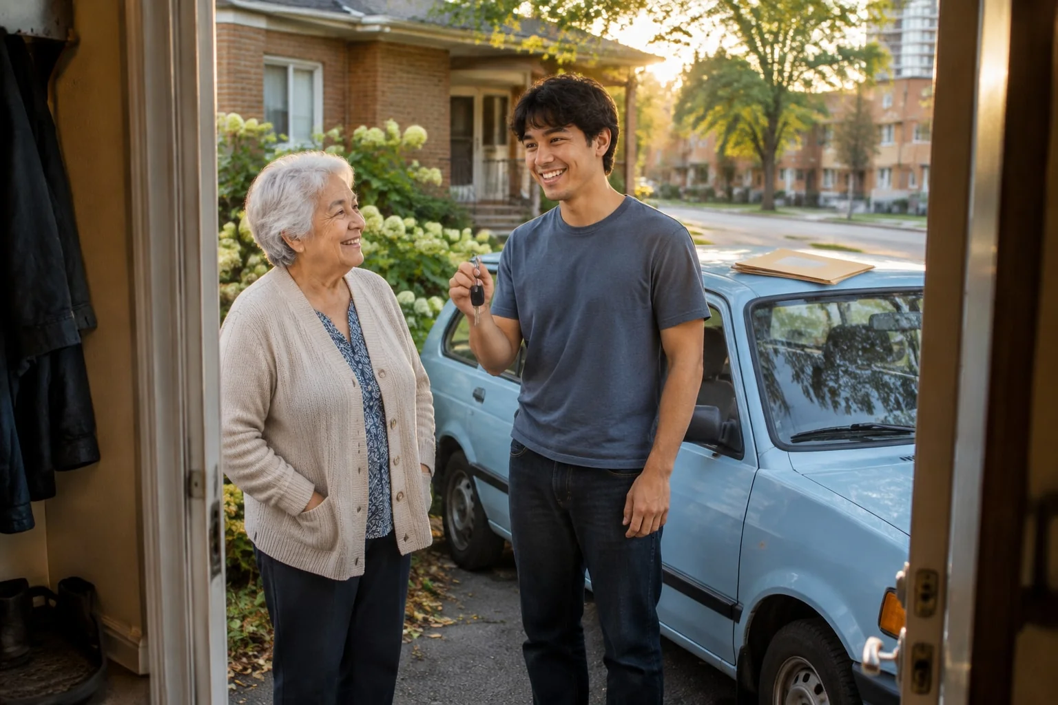 A young man holds up the key to the used compact car his grandmother is giving him, with a folder of transfer papers on the car roof