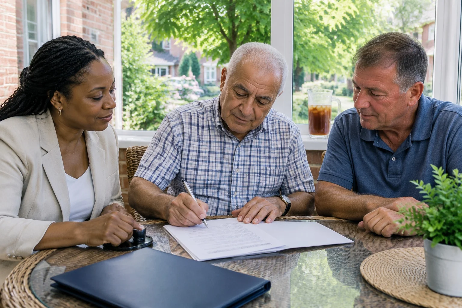 Grantor signs a continuing power of attorney at home as the notary and a neighbour, his two witnesses, watch the pen