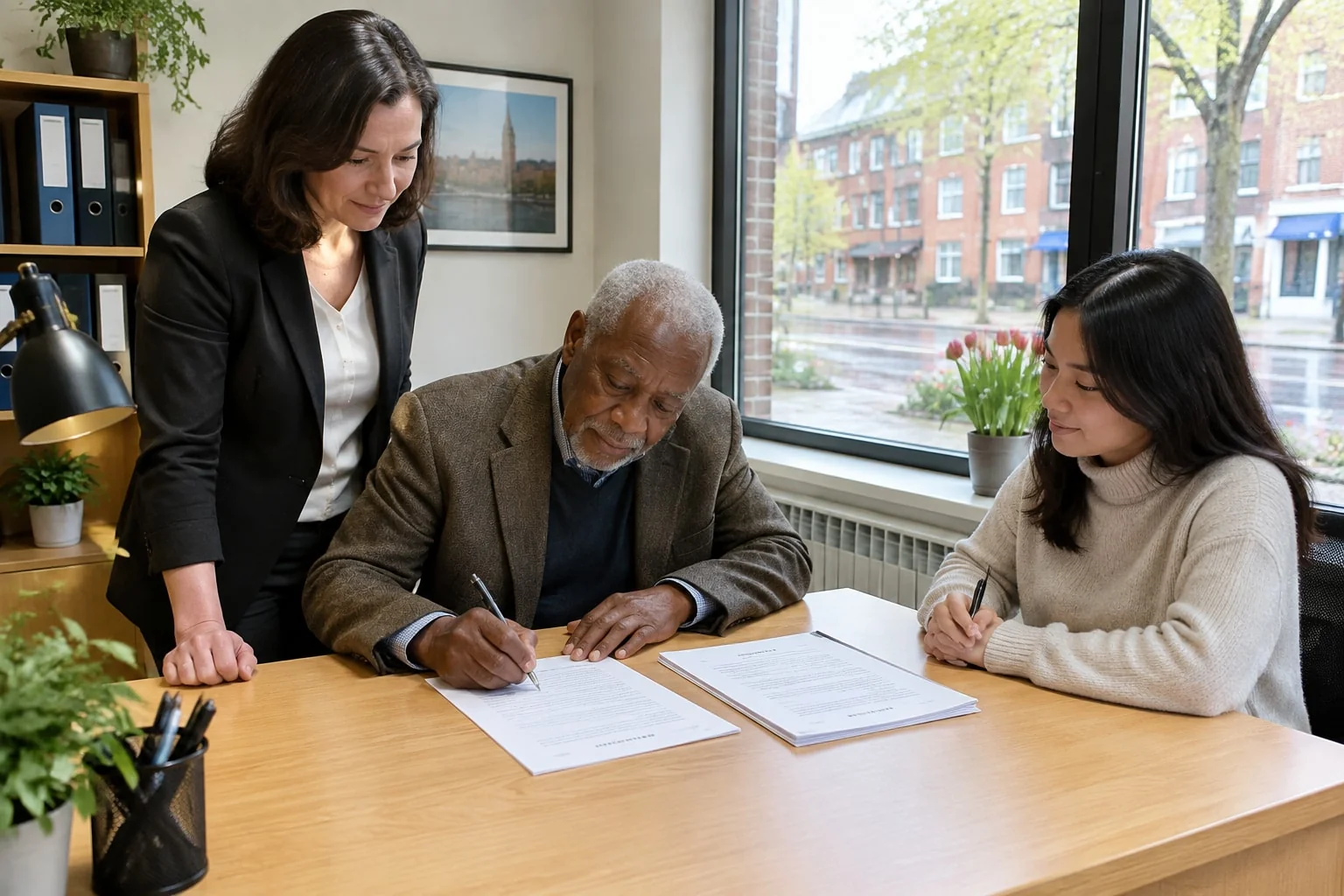 An older man signs his power of attorney while the notary and an office assistant watch as the two witnesses