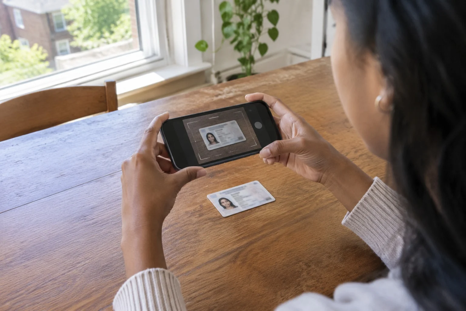 Two hands hold a phone over a photo ID card on a wooden table to photograph it for the booking upload
