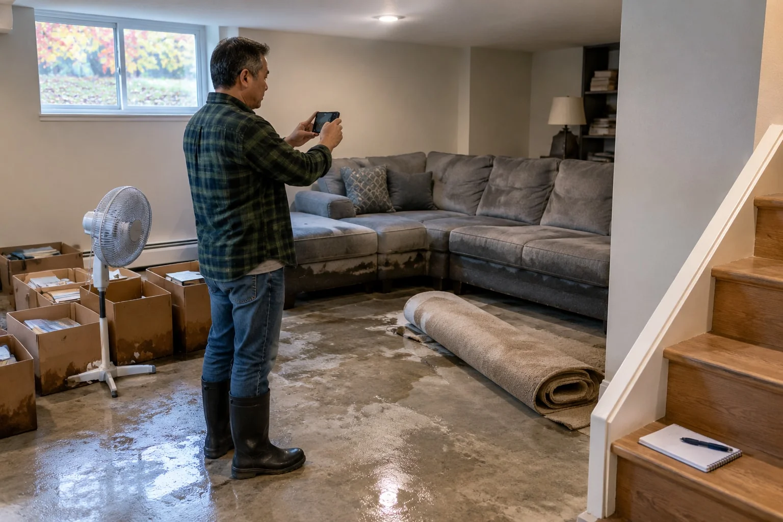 A homeowner photographs water-damaged furniture in his finished basement on an autumn afternoon, a notepad for the claim inventory on a stair step