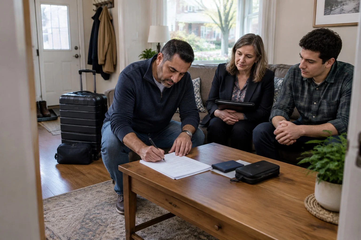 Homeowner leaving the country signs a power of attorney for his closing as a visiting notary and second witness watch