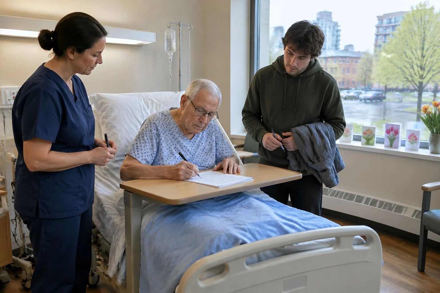 A patient signs his will in a hospital room while a nurse and a family friend watch as the two witnesses
