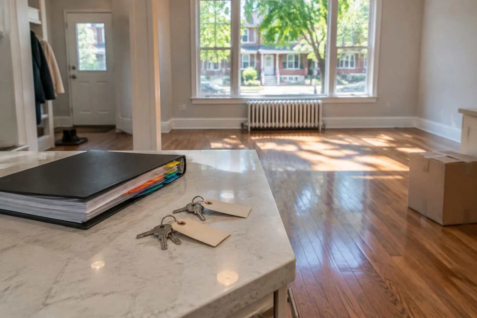 House keys and the lawyer's closing folder on a kitchen island in a newly bought Ontario home on closing day