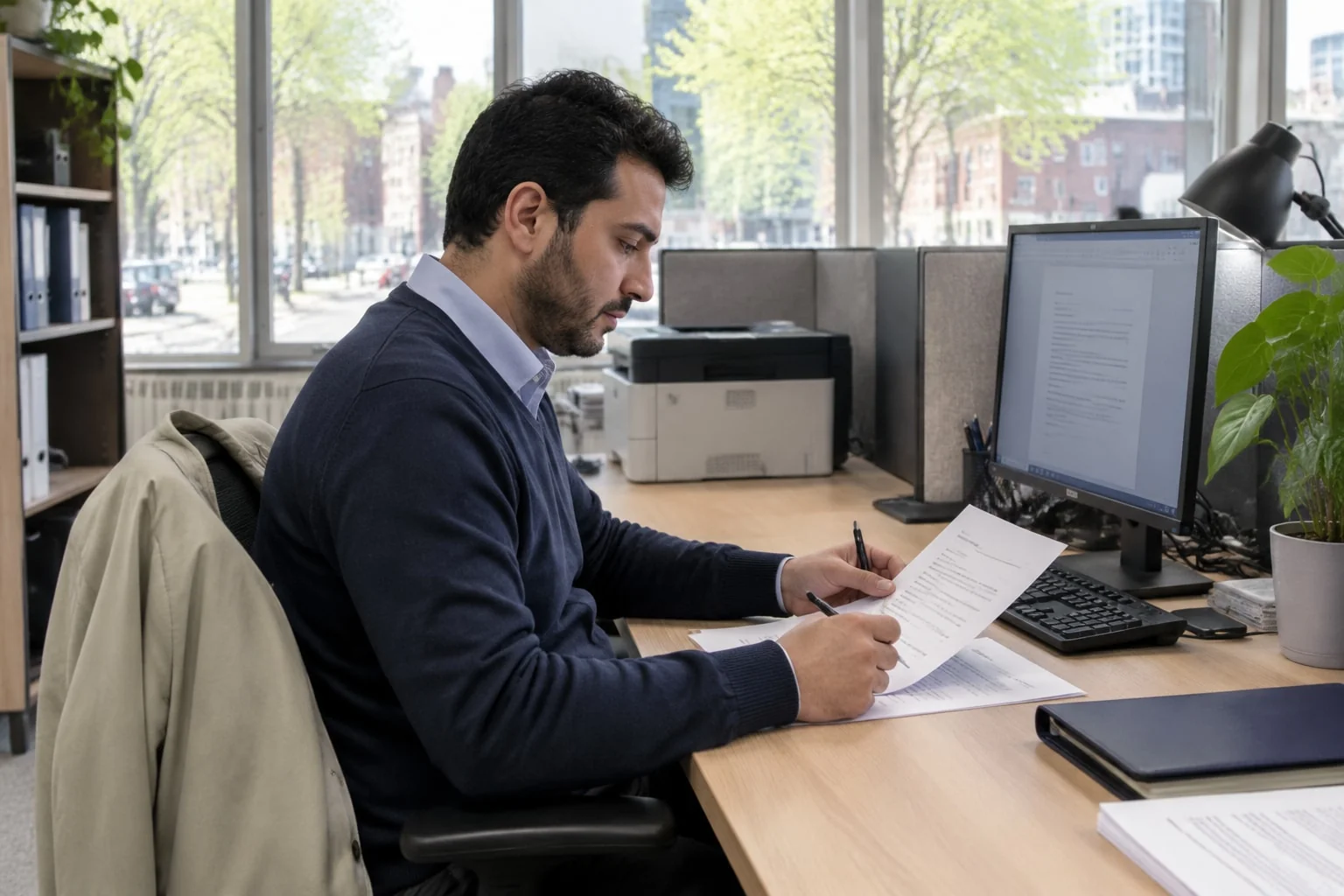 HR advisor proofreading an unsigned employment letter on company letterhead before the notary appointment