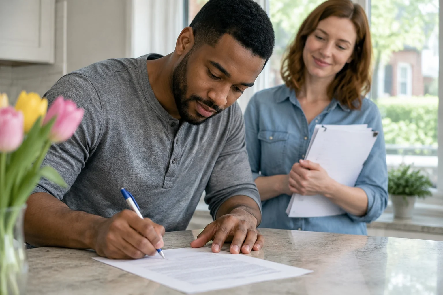 Close-up of a husband signing the acknowledgment at the bottom of a single printed page at the kitchen island while his wife, holding the rest of her application, looks on, a spring morning