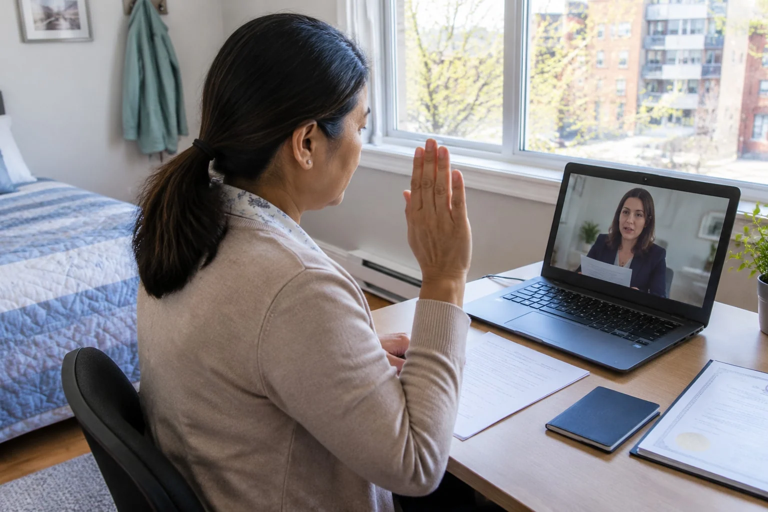 Internationally educated nurse affirming a statutory declaration by video with a notary for her NCAS file