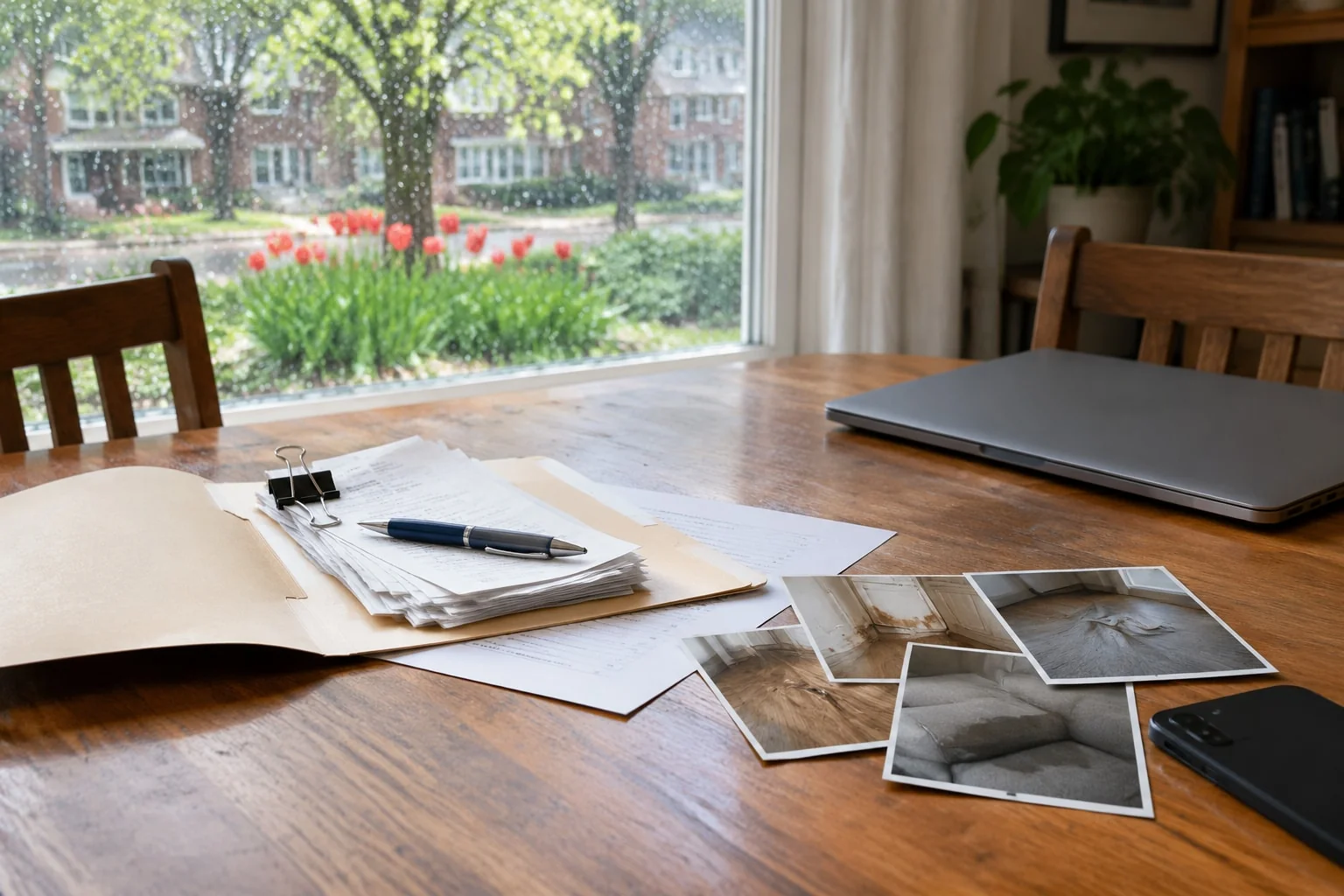 A tidy insurance claim folder with receipts, printed photos and a closed laptop on a dining table by a window in spring light