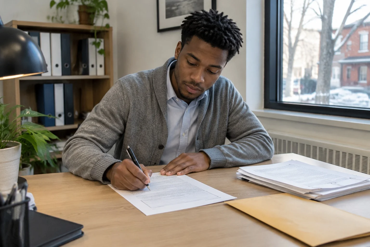Law clerk fills in the personal service block of a printed affidavit of service at an office desk, a stack of served court documents beside it