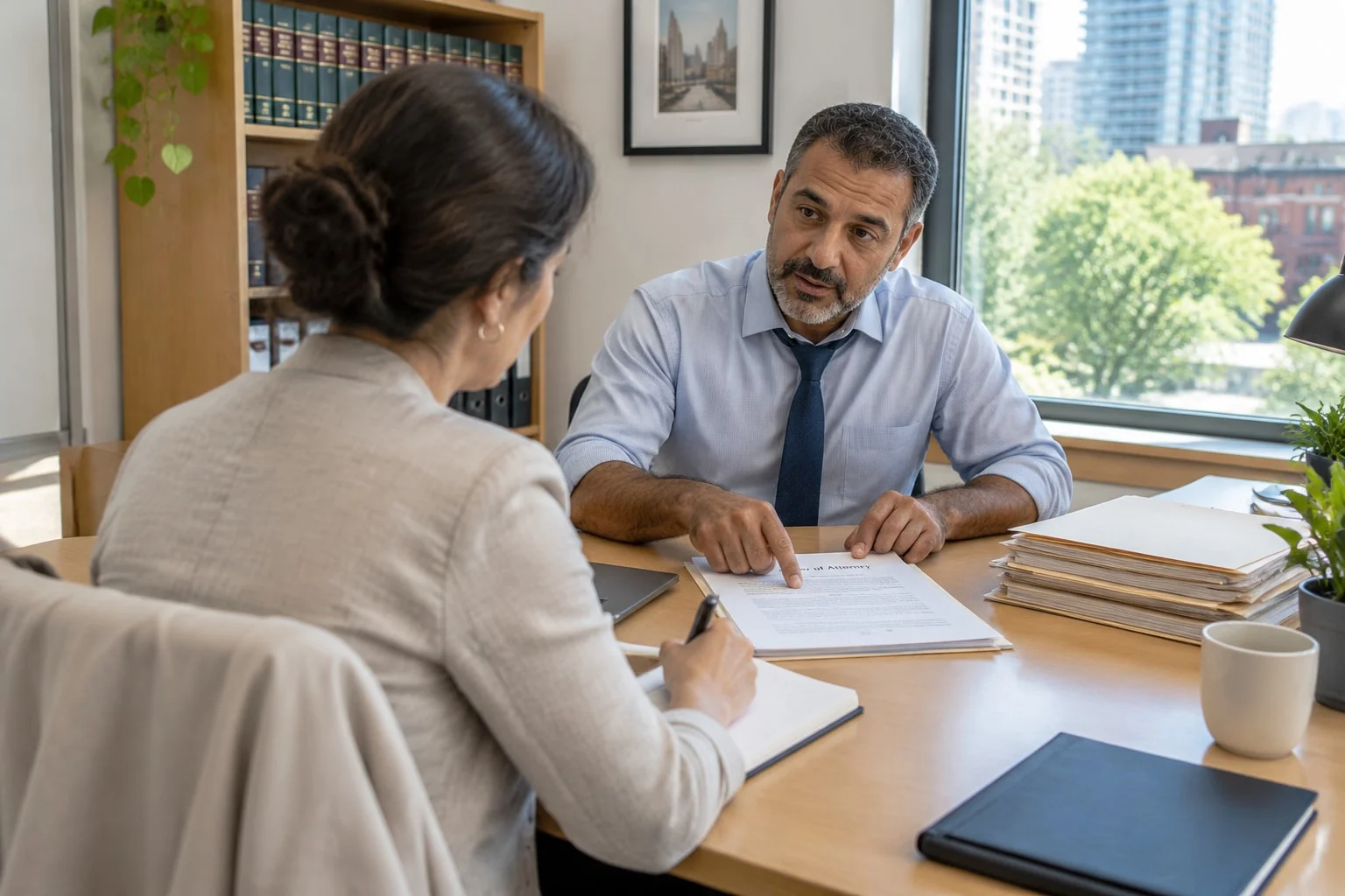 Lawyer explaining a drafted power of attorney to a daughter before a bedside signing