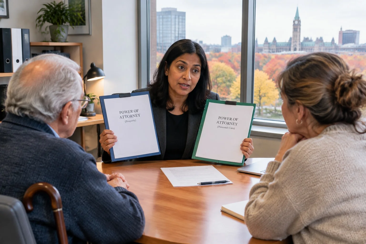 Estate lawyer holds up separate power of attorney drafts for property and personal care for a grantor and his daughter