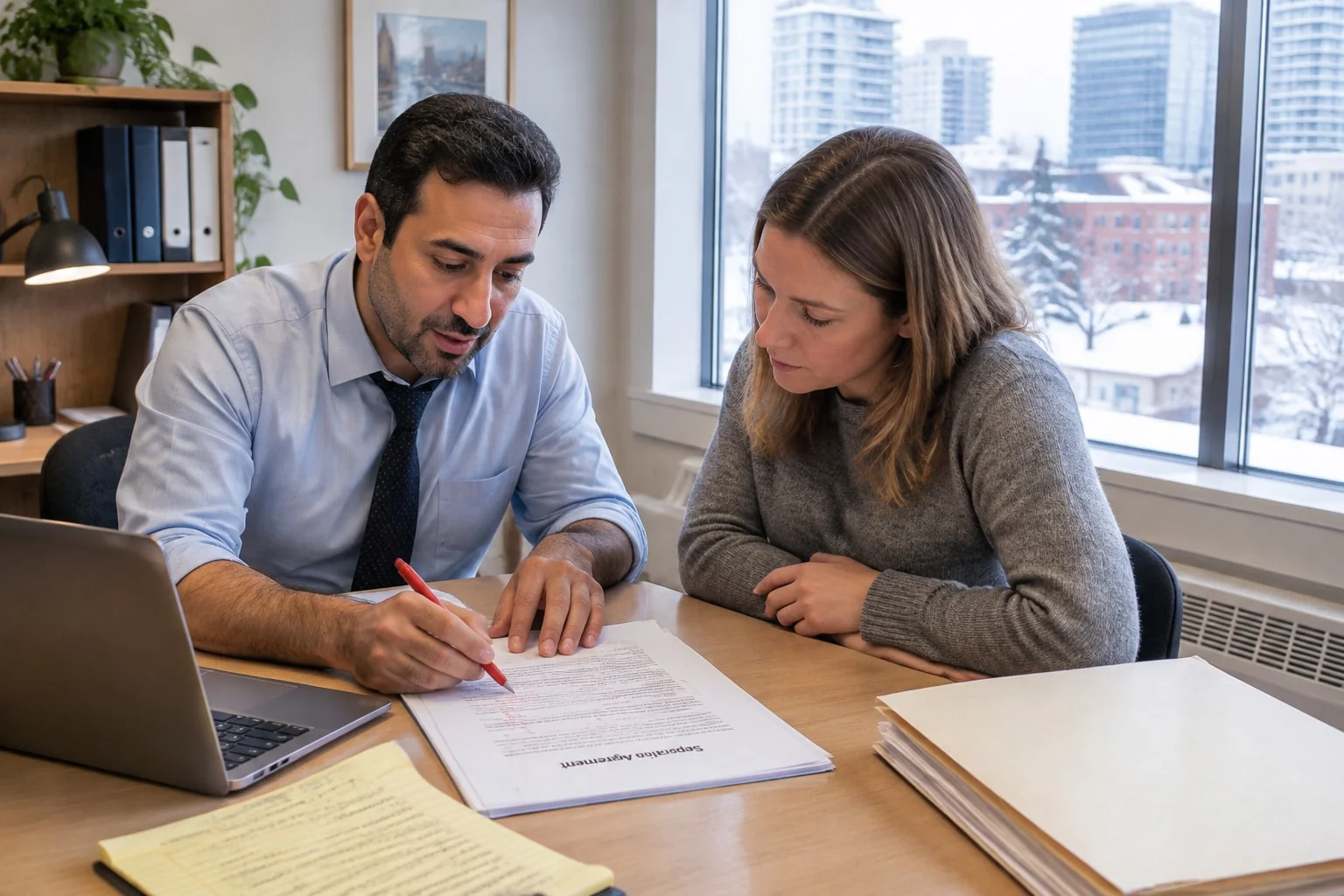 Ontario lawyer marking up a draft separation agreement and advising his client, work a notary cannot do