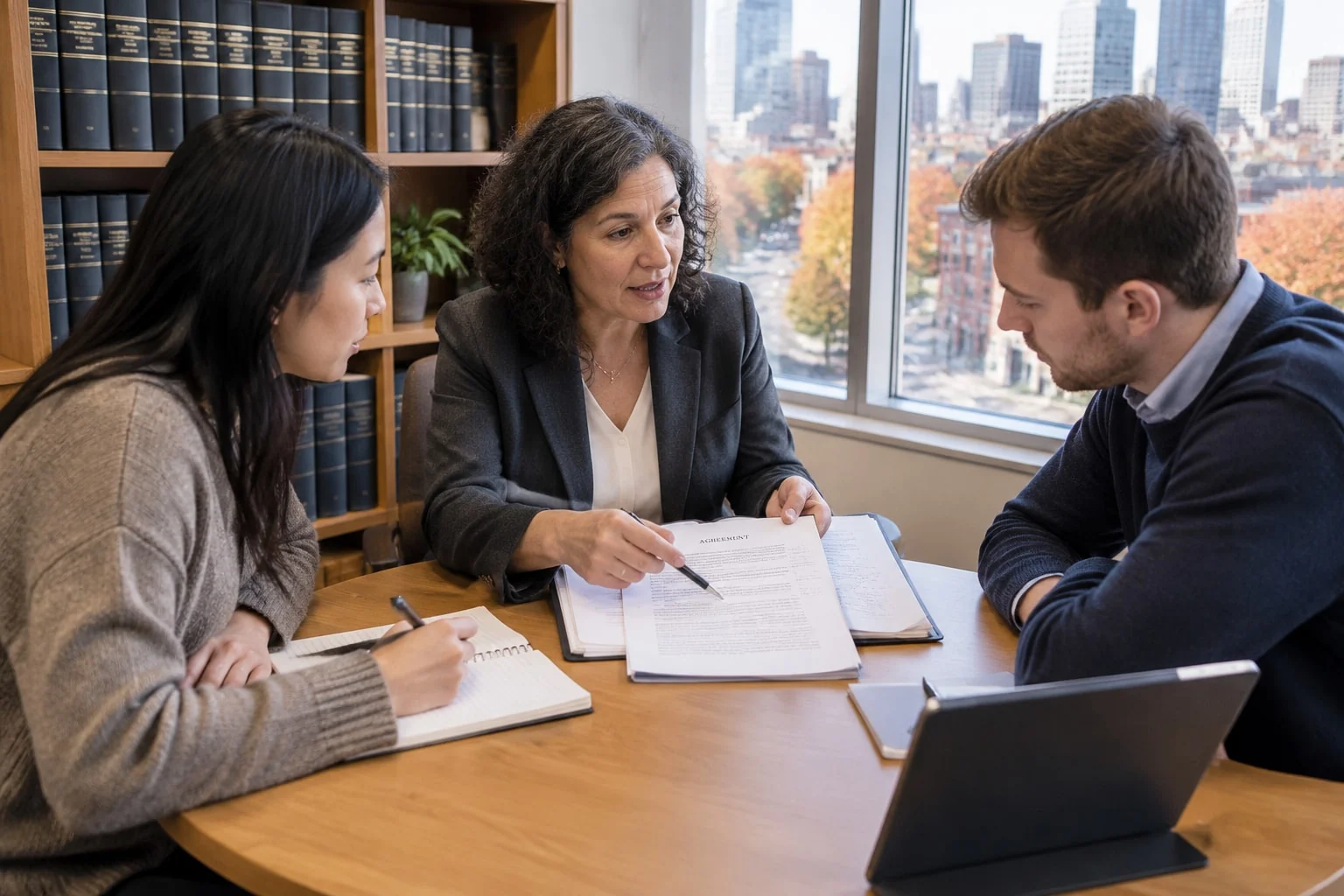 Lawyer explains a clause in a draft agreement to two business partners, the advice and drafting a notary does not give
