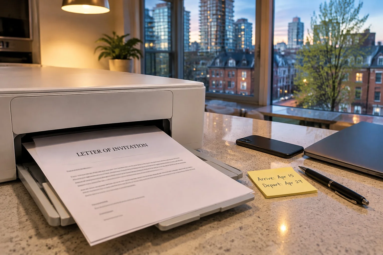 Freshly printed letter of invitation in a home printer tray, written by the host before the notary appointment