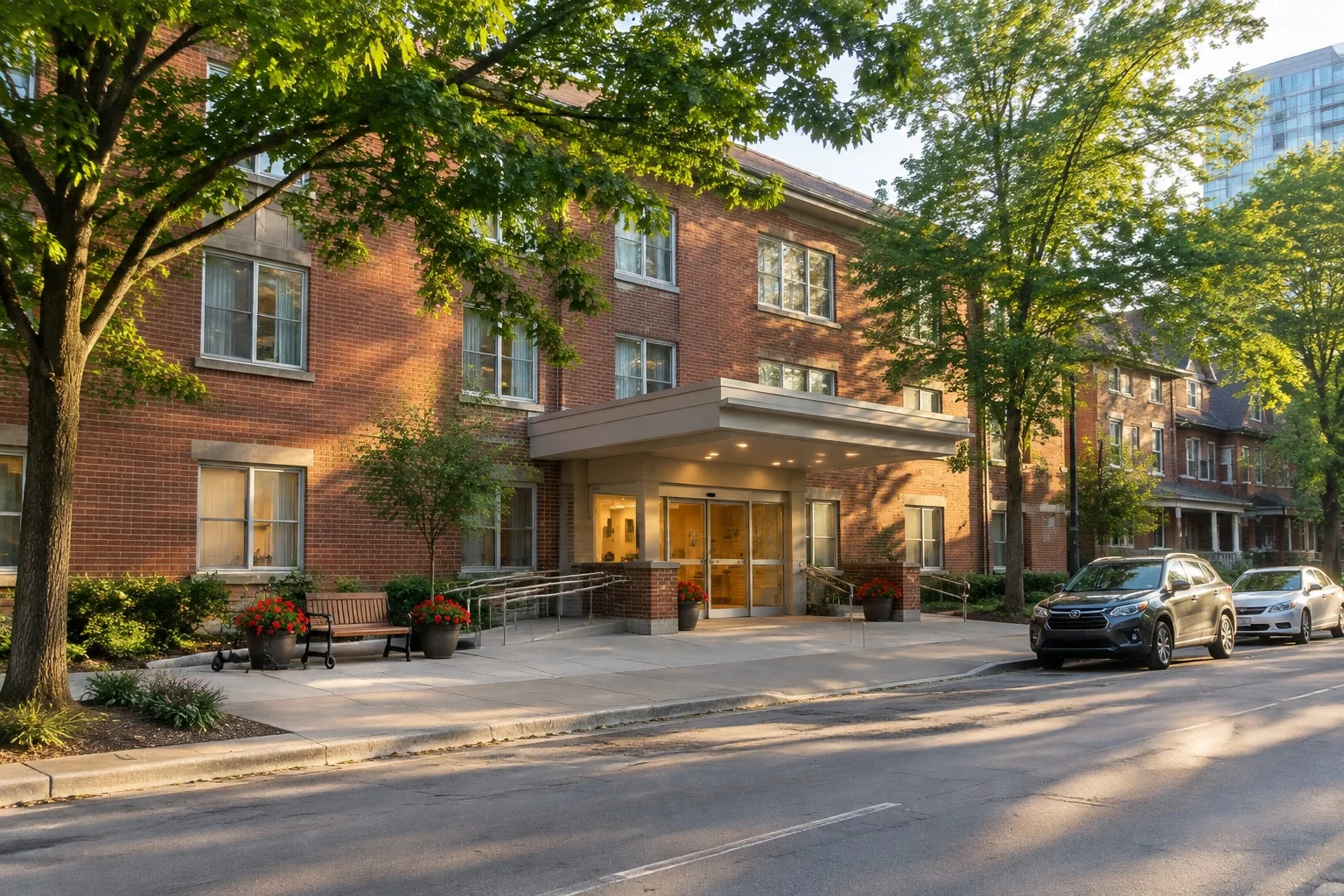 Long-term care home entrance on a summer evening, a walker by the bench, where a bedside notary visit takes place